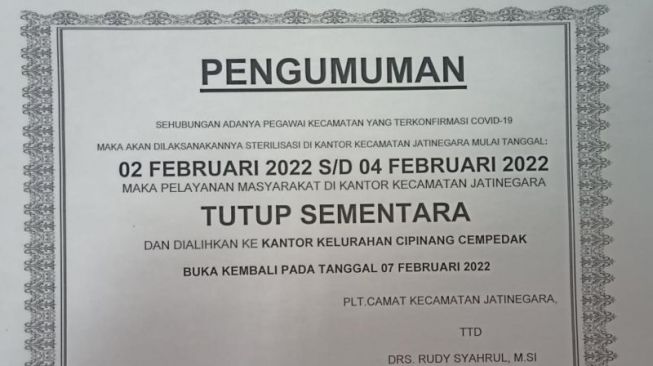 Kantor Kecamatan Jatinegara Lockdown, Pelayanan Dialihkan ke Kelurahan Cipinang Cempedak