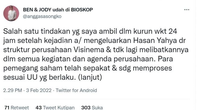 Hasan Yahya Dipecat, Tidak Lagi Terlibat Semua Kegiatan dan Agenda Visinema