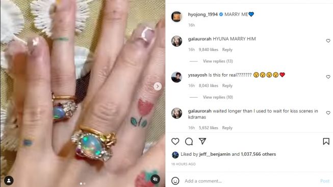 Cincin tunangan HyunA dan DAWN [Instagram/@hyojong_1994]