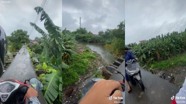 Pemotor lewati jembatan ekstrem yang disebut jembatan penghubung dimensi lain. (TikTok/@brnndln)