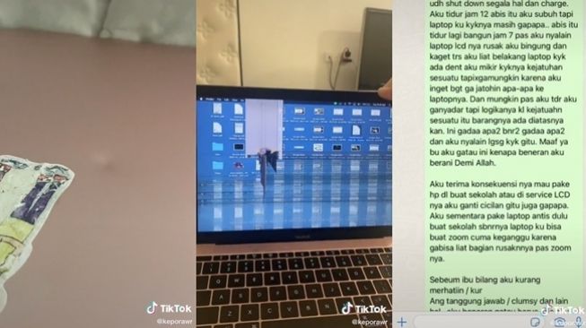 Viral cewek kaget lihat laptop penyok saat bangun tidur. (TikTok/@keporawr)