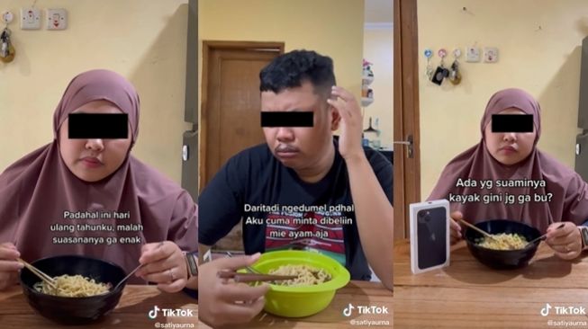 Istri curhat suami tak ikhlas belikan mie ayam sebagai hadiah ultah. (TikTok/@satiyaurna)