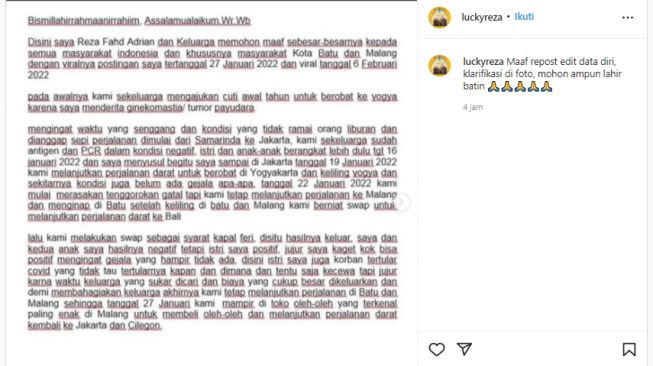 Klarifikasi wisatawan yang liburan di Malang meskipun positif Covid-19 [Foto: Tangkapan layar Instagram]