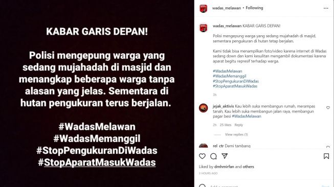 Unggahan akun @wadas_melawan yang menyebut jaringan internet di desa wadas tiba-tiba melemah. [Instagram. 