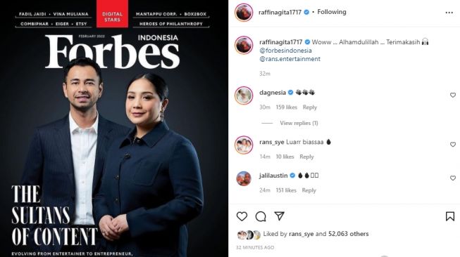 Raffi Ahmad dan Nagita Slavina jadi cover majalah Forbes Indonesia (instagram.com)