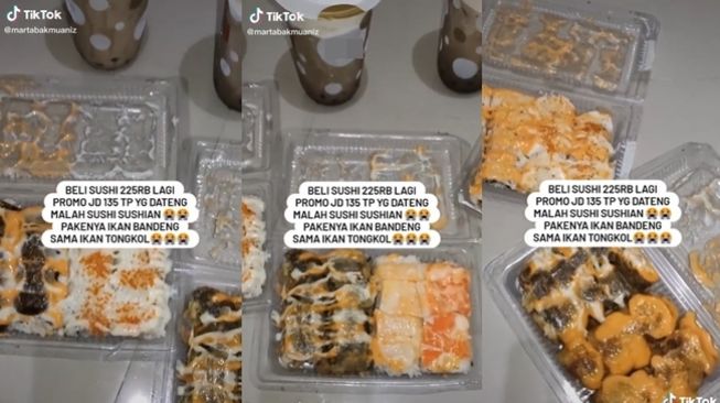 Beli sushi promo malah dapat yang pakai ikan tongkol dan bandeng. (TikTok/@martabakmuaniz)