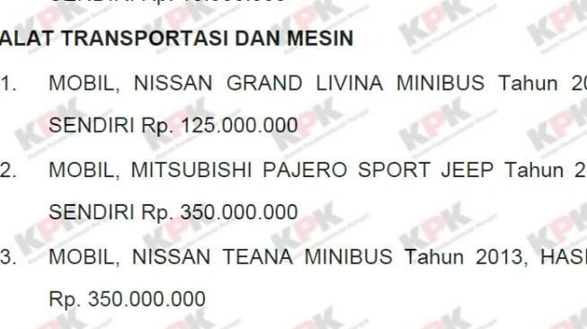 Koleksi kendaraan Ganjar Pranowo tahun 2018 (E-LHKPN)