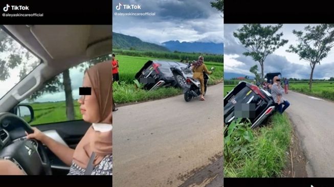 Wanita berfoto setelah mobilnya nyungsep saat latihan menyetir. (TikTok/@aleyaskincareofficial)