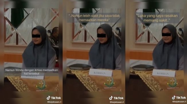 Wanita maafkan pelaku usai jadi korban kekerasan akibat difitnah sebagai pelakor. (TikTok/@kejaksaan.ri)