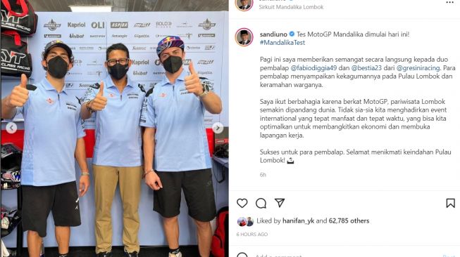 Sandiaga Uno pose dengan pembalap Gresini Racing, Enea Bastianini dan Fabio Di Giannantonio (Instagram)