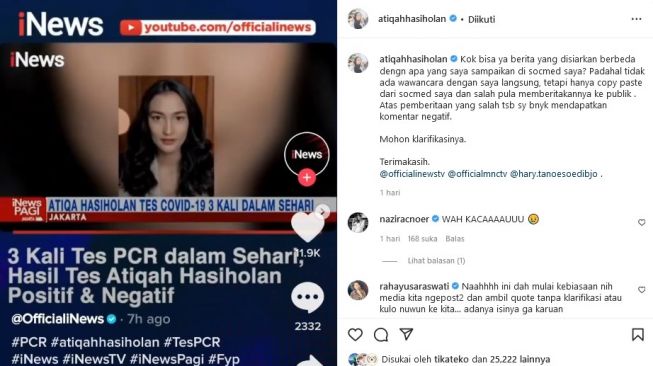 Atiqah Hasiholan dibuat geram oleh salah satu tayangan berita televisi, yang salah mengutip tulisan dari sosmednya. [Instagram]