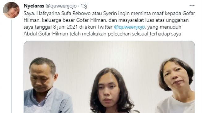 Perempuan yang mengaku dilecehkan Gofar Hilman [Twitter/@quweenjojo]