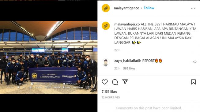 Kelompok suporter timnas Malaysia menyindir timnas Indonesia U-23 yang mundur dari Piala AFF U-23 2022. [Instagram/@malayantiger.co]