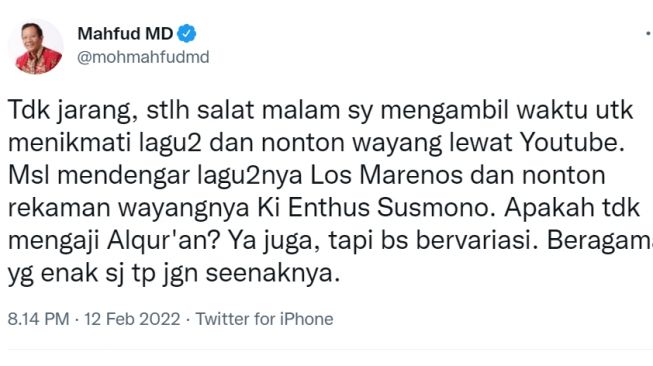 Tangkapan layar akun Twitter Mahfud MD, @mohmahfudmd