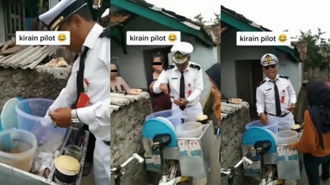 Penjual cilok totalitas berpenampilan ala pilot. (Twitter/@jowoshitpost)