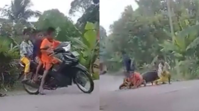 Viral Aksi Bocil Naik Motor Bonceng Tiga, Salting saat Direkam Perempuan, Endingnya Bikin Tepuk Jidat