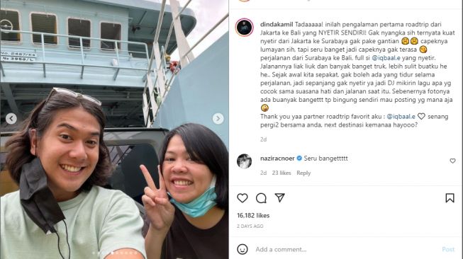 DInda Kamil mengunggah foto bersama Iqbal Ramadhan trip Jakarta-Bali menggunakan Suzuki Jimny (Instagram)