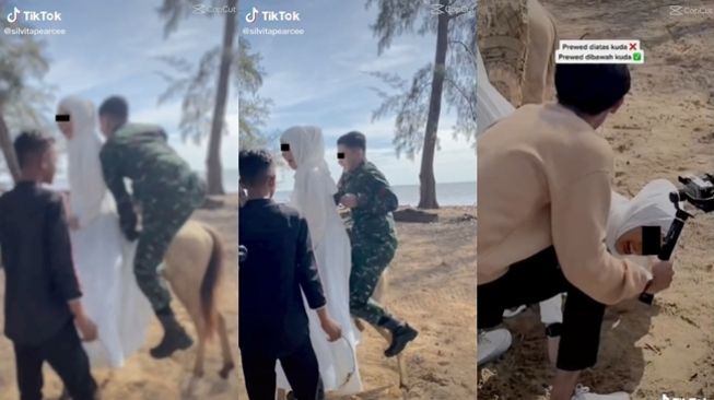 Niat prewedding di atas kuda malah berakhir terjengkang gara-gara atraksi calon suami. (TikTok/@silvitapearcee)