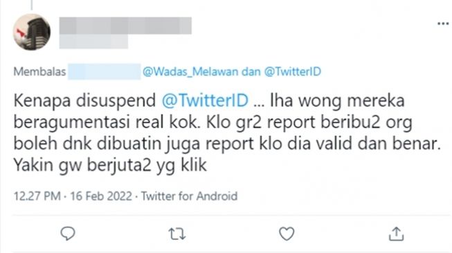 Kutipan komentar warganet soal akun @Wadas_Melawan ditangguhkan. (Twitter)