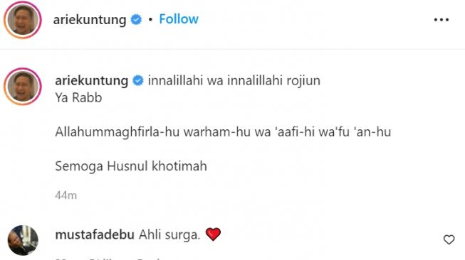 Ucapan Belasungkawa Arie Untung untuk Dorce Gamalama (@ariekuntung)