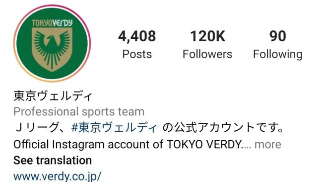 Akun IG Klub League J-2, Tokyo Verdy. [Tangkapan layar]