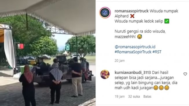 Mahasiswa tak gengsi naik mesin selep padi saat hadiri wisuda. (Instagram/@romansasopirtruck)