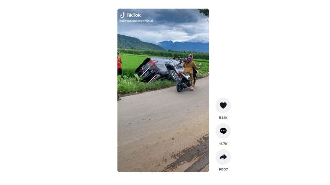 Emak-emak belajar mobil, berujung nyungsep di sawah. [TikTok]