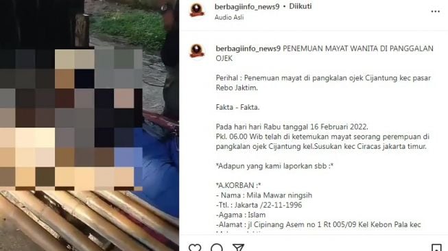 Tangkapan layar video viral seorang pengamen perempuan ditemukan tak bernyawa di pangkalan ojol Cijantung, Jakarta Timur. [Instagram@berbagiinfo_news9]