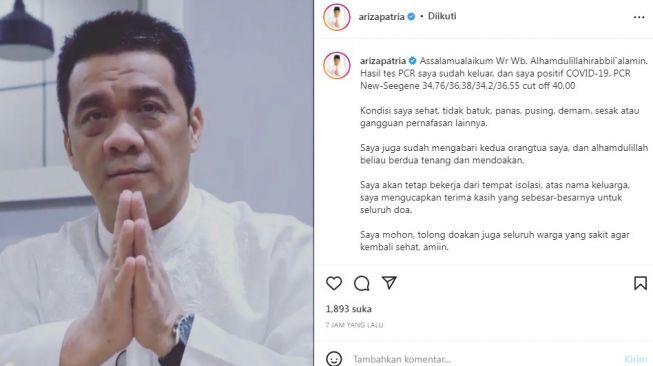 Wagub DKI Jakarta Ahmad Riza Patria mengabarkan terkonfirmasi positif Covid-19, Rabu (17/2/2022) malam. [Instagram@arizapatria]