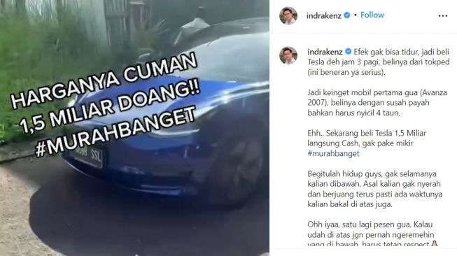 Tesla Model 3 yang dibeli Indra Kenz (Instagram)