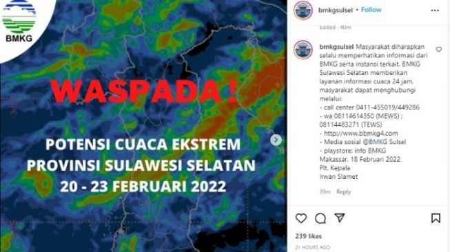 BMKG Imbau Waspadai Cuaca Ekstrem Pada 20-23 Februari 2022 di Wilayah Sulawesi Selatan