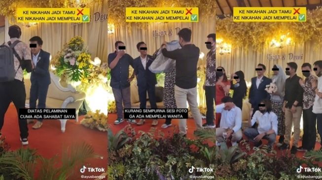 Pria rela dijadikan pengantin demi menemani teman.  (TikTok/@ayusbangga)