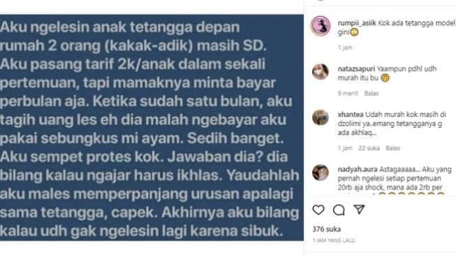 Curhatan guru les cuma dibayar dengan sebungkus mie ayam. (Instagram/@rumpii_asiik)