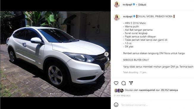 Nora Alexandra jual mobil Honda HRV tahun 2016 miliknya. [Instagram]