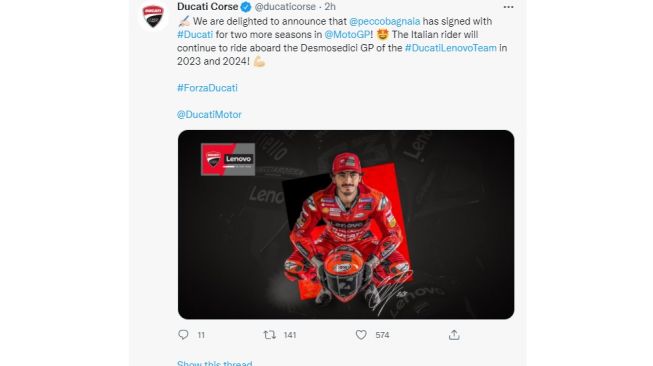 Francesco Bagnaia resmi memperpanjang kontrak bersama Ducati hingga 2024. (Twitter/DucatiCorse)