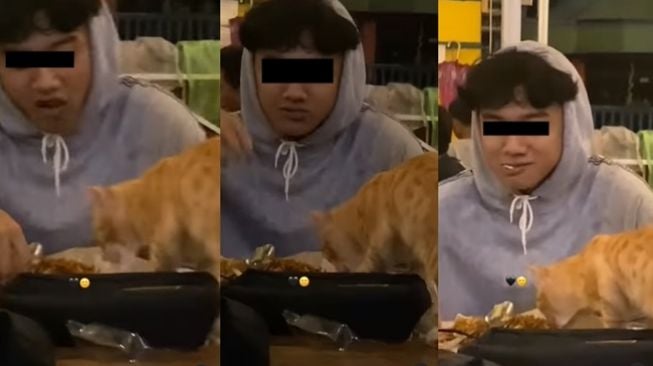 Viral cowok santai berbagi makanan sepiring dengan kucing. (Instagram/@underc0ver.id)