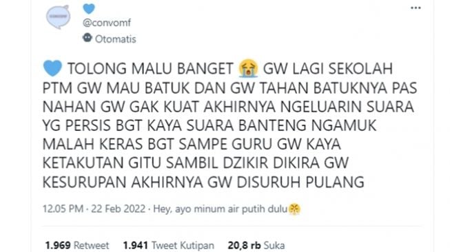 Warganet nahan batuk malah berakhir keluarkan suara seperti banteng dan dikira kesurupan. (Twitter/@convomf)