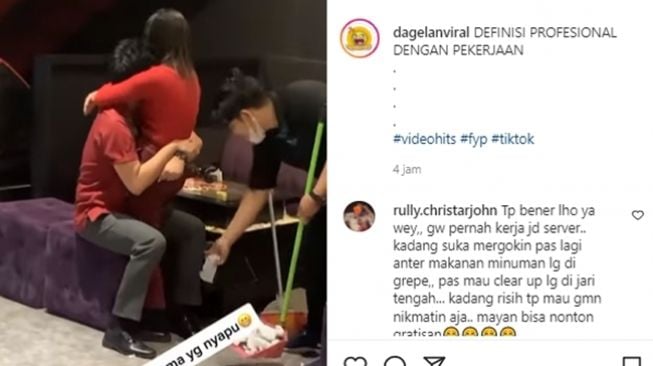 Cleaning service tetap profesional menyapu di dekat pasangan yang bermesraan. (Instagram/@dagelanviral)