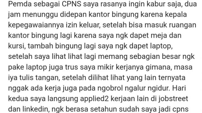 Cuplikan curhatan warganet anonim yang menyesal jadi PNS. (Twitter/@PNS_Ababil)