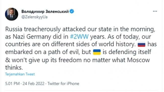 Presiden Ukraina, Volodymyr Zelensky, menganalogikan invasi militer Rusia dengan Nazi Jerman. (Twitter/@ZelenskyyUa)