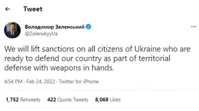 Presiden Ukraina janji meniadakan sanksi untuk warganya yang siap berperang melawan Rusia. (Twitter/@ZelenskyyUa)