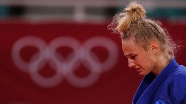 Daria Bilodid judoka asal Ukraina meraih medali perunggu Olimpiade Tokyo 2020, 24 Juli 2021. [AFP]