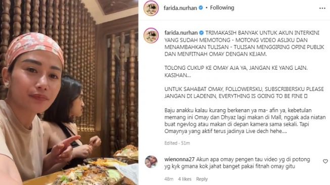 Unggahan Farida Nurhan [Instagram/@farida.nurhan]