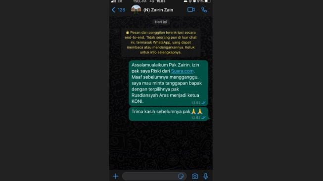 Tangkapan layar obrolan kontributor SuaraKaltim.id yang meminta konfirmasi ke Zairin Zain. [Suara.com/Denada S Putri]