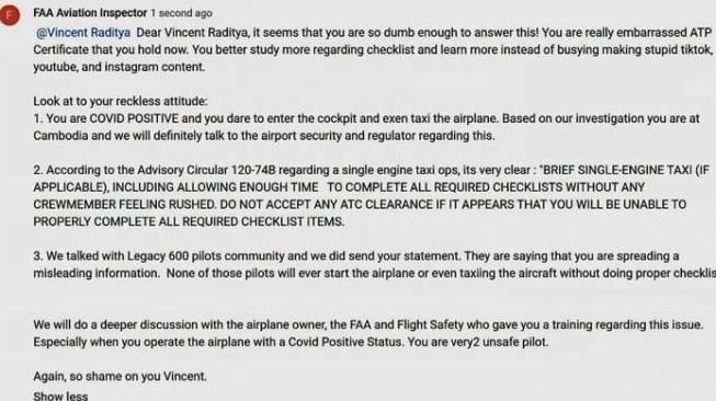 Surat teguran FAA untuk Vincent Raditya. Namun keaslian surat teguran ini diragukan banyak pihak. [Instagram]