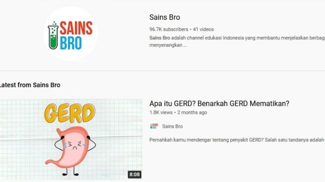 Sains Bro, salah satu YouTube Education berbahasa Indonesia [screenshot YouTube].
