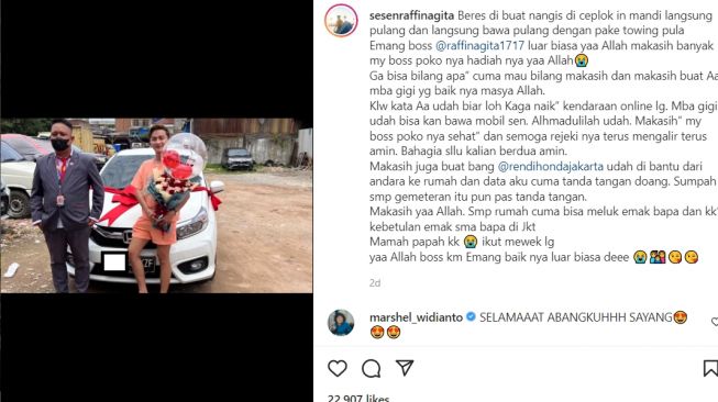 Raffi AHmad berikan hadiah mobil baru untuk asisten pribadinya berupa Honda Brio (Instagram)