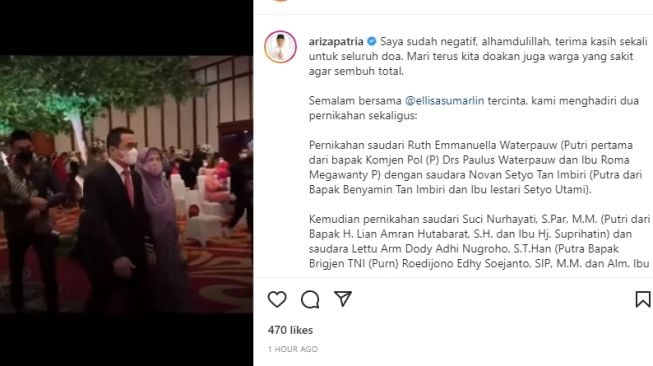 Wagub DKI Jakarta Ahmad Riza unggah video saat mengajak istrinya ke resepsi pernikahan. Wagub Riza sempat terpapar Covid-19. (Instagram)