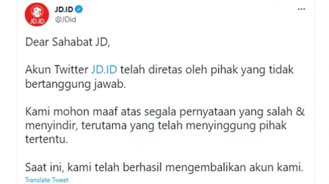 JD.ID mengklarifikasi soal dukungan terhadap Rusia dan mengaku akunnya dihack. (Twitter/@JDid)