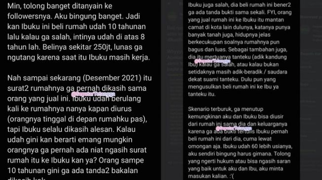 Anak Curhat Pilu Ibu Beli Rumah Rp 250 Juta Tapi Tak Diberi Surat, Kini Terancam Diusir